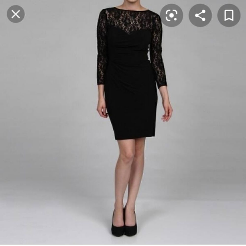 Evan Picone black lace cocktail dress v neck v back sexy stunning 3/4 sleeve